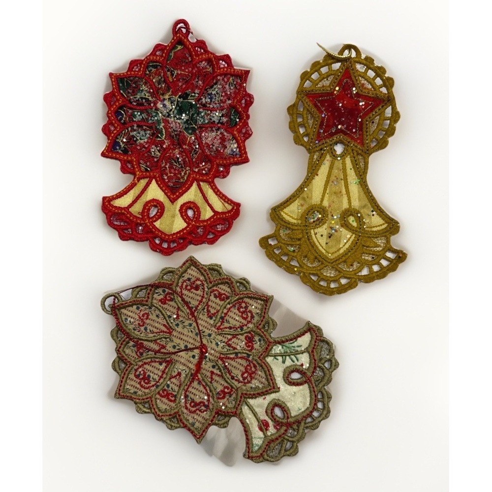 Lot of 3 Vtg Embroidered Lace Tatted Victorian Christmas Ornaments‎ 4.5 Inch
